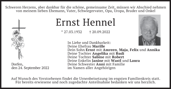 Traueranzeige von Ernst Hennel von merkurtz