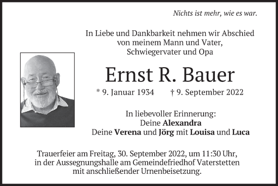 Traueranzeige von Ernst R. Bauer von merkurtz