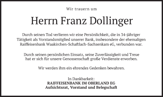 Traueranzeige von Franz Dollinger von merkurtz