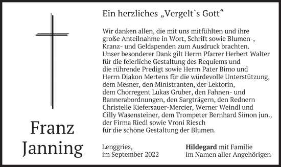 Traueranzeige von Franz Janning von merkurtz