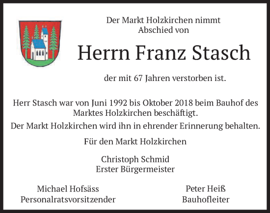 Traueranzeige von Franz Stasch von merkurtz