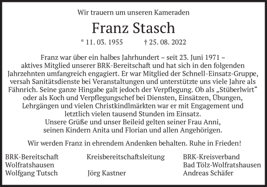 Traueranzeige von Franz Stasch von merkurtz