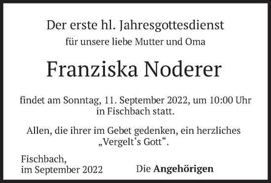 Traueranzeige von Franziska Noderer von merkurtz