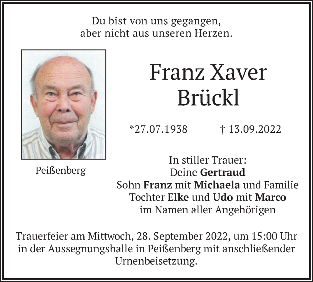 Traueranzeige für Franz Xaver Brückl vom 23.09.2022 aus merkurtz