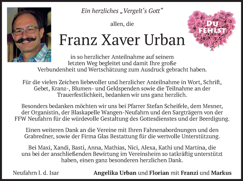 Traueranzeigen Von Franz Xaver Urban | Trauer.merkur.de