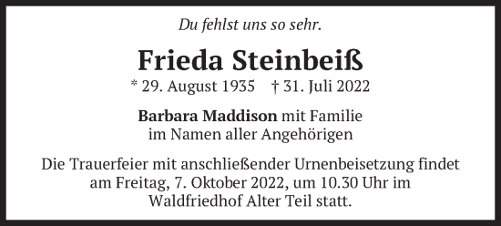 Traueranzeige von Frieda Steinbeiß von merkurtz