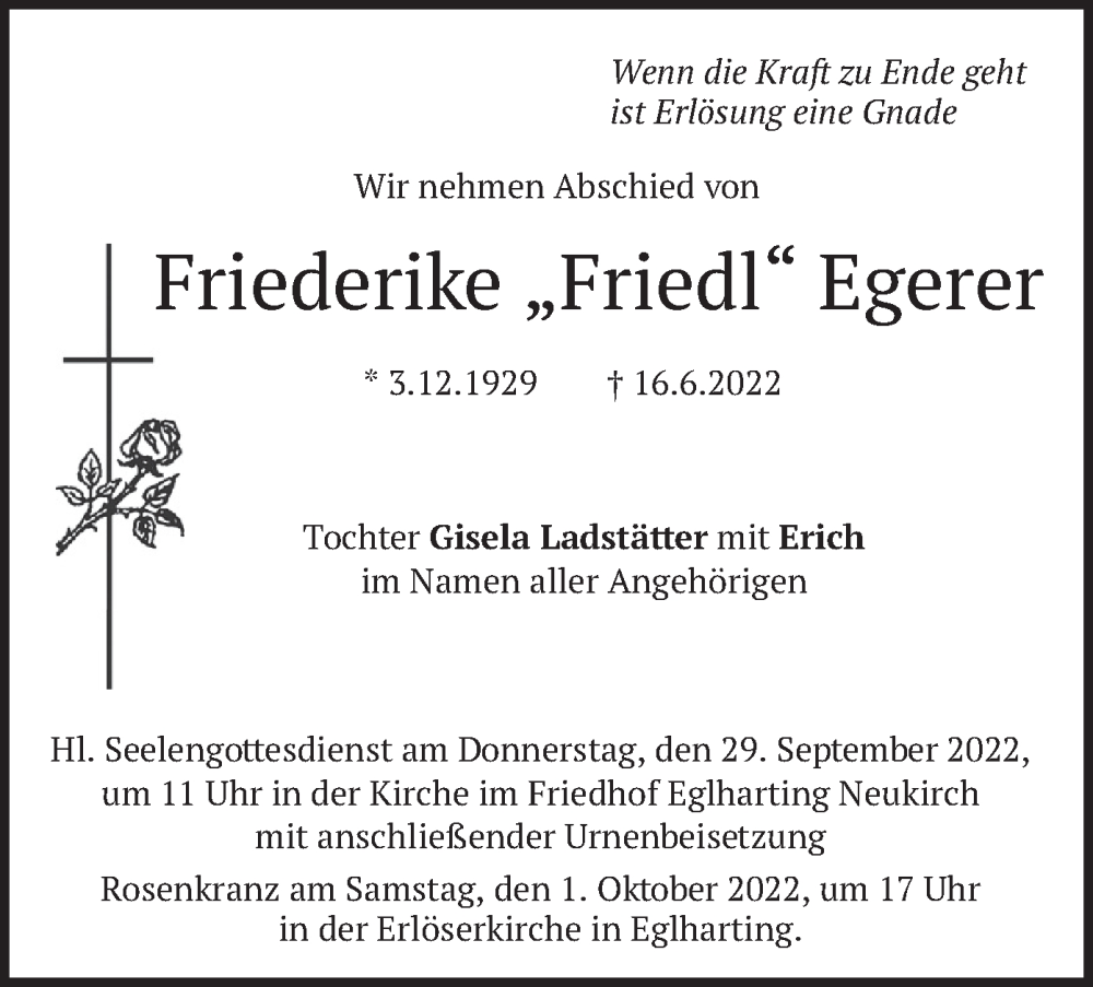  Traueranzeige für Friederike Egerer vom 24.09.2022 aus merkurtz