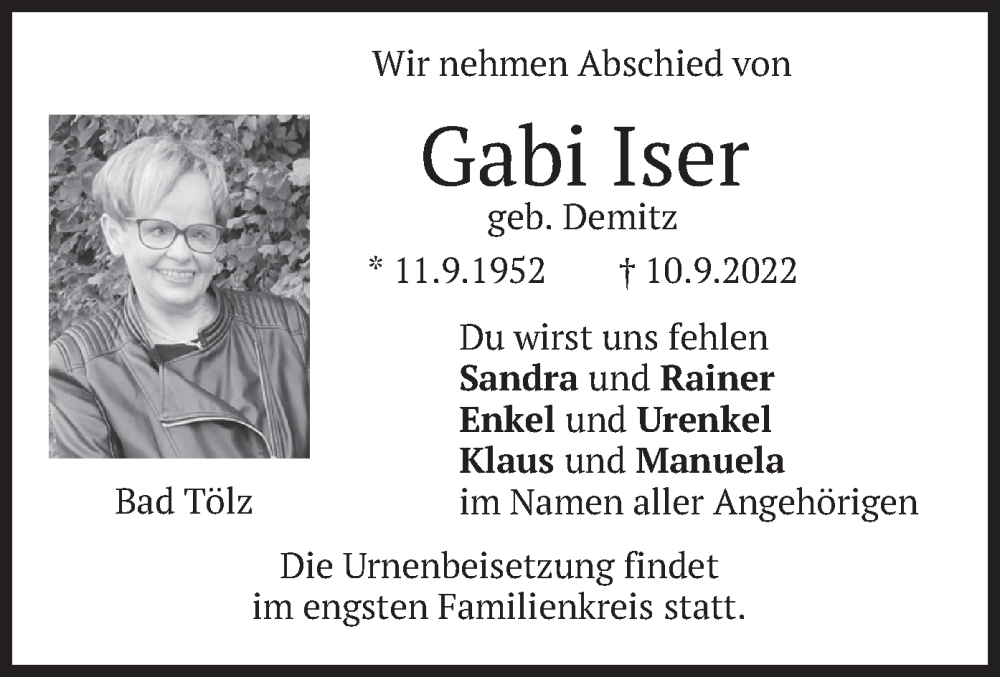  Traueranzeige für Gabi Iser vom 14.09.2022 aus merkurtz