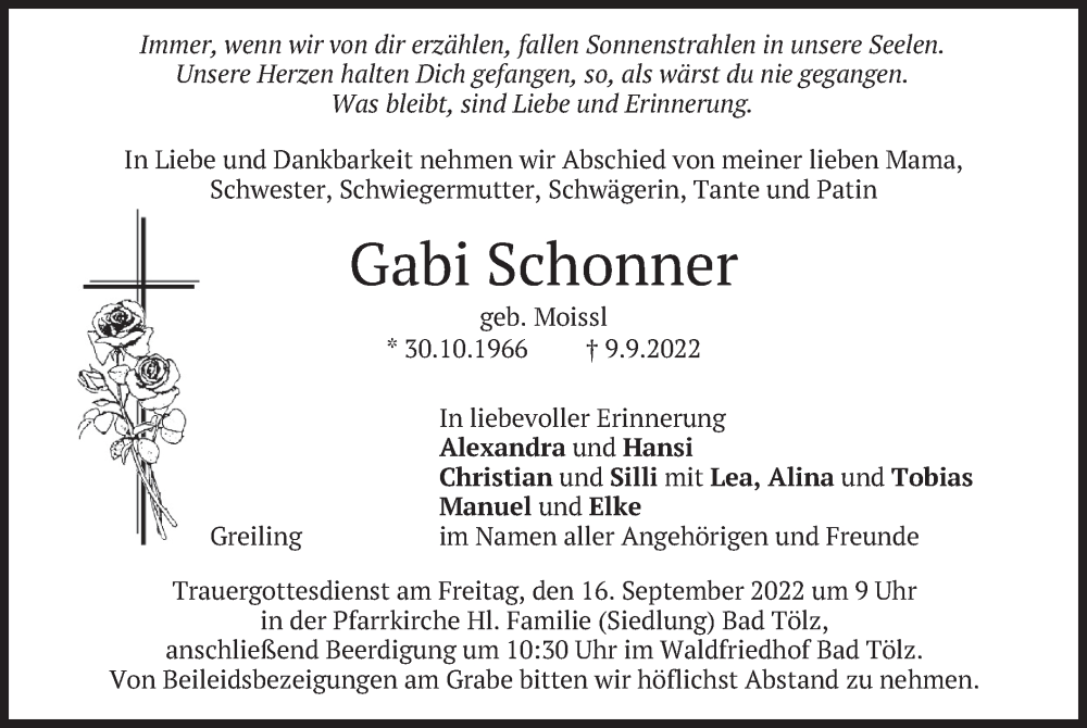  Traueranzeige für Gabi Schonner vom 14.09.2022 aus merkurtz