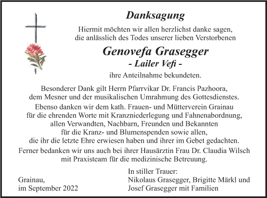 Traueranzeige von Genovefa Grasegger von merkurtz