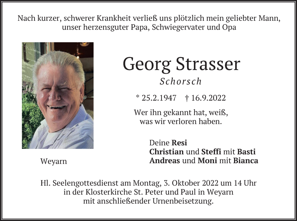  Traueranzeige für Georg Strasser vom 24.09.2022 aus merkurtz