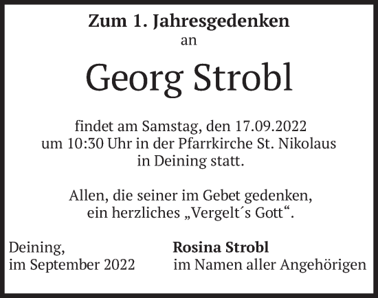 Traueranzeige von Georg Strobl von merkurtz
