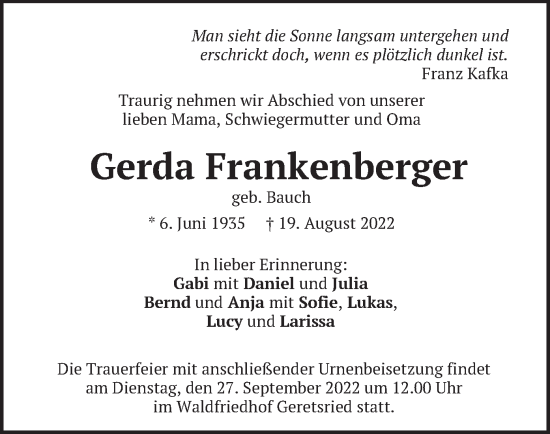Traueranzeige von Gerda Frankenberger von merkurtz