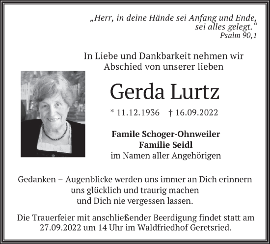 Traueranzeige von Gerda Lurtz von merkurtz
