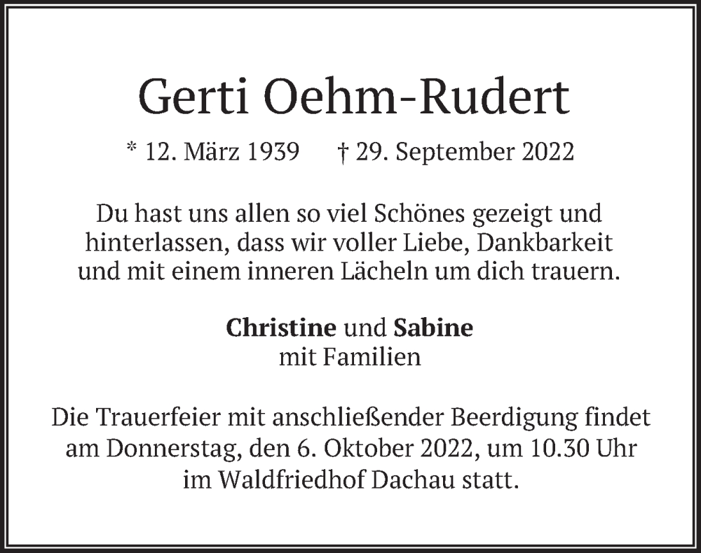  Traueranzeige für Gerti Oehm-Rudert vom 01.10.2022 aus merkurtz