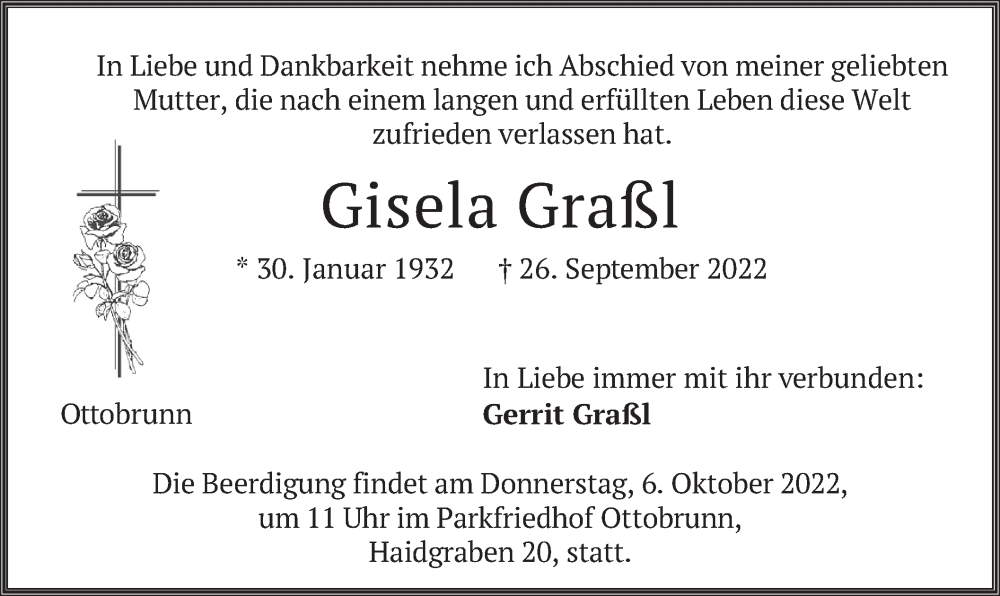  Traueranzeige für Gisela Graßl vom 01.10.2022 aus merkurtz