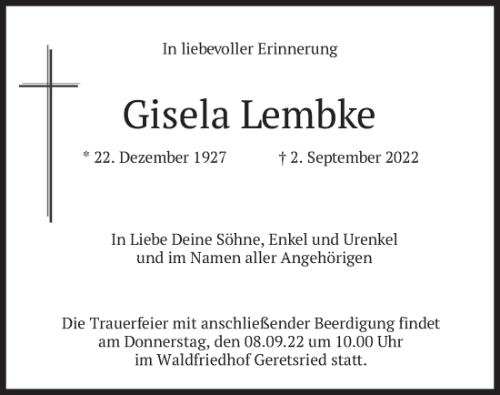 Traueranzeige von Gisela Lembke von merkurtz