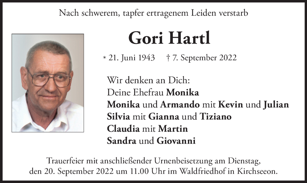  Traueranzeige für Gori Hartl vom 17.09.2022 aus merkurtz