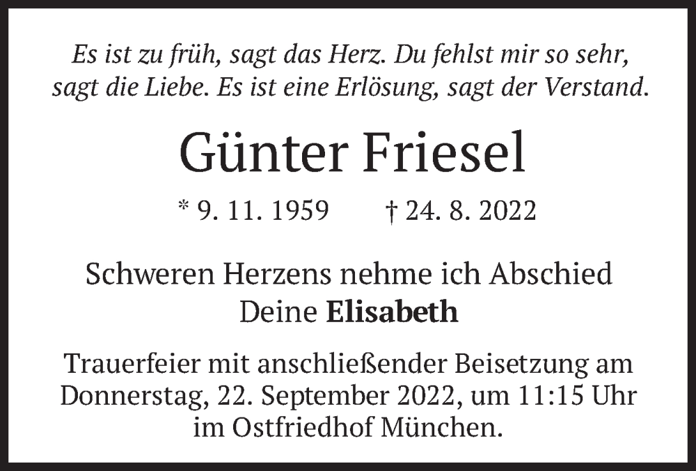  Traueranzeige für Günter Friesel vom 17.09.2022 aus merkurtz