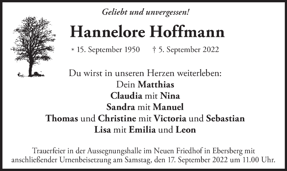  Traueranzeige für Hannelore Hoffmann vom 14.09.2022 aus merkurtz