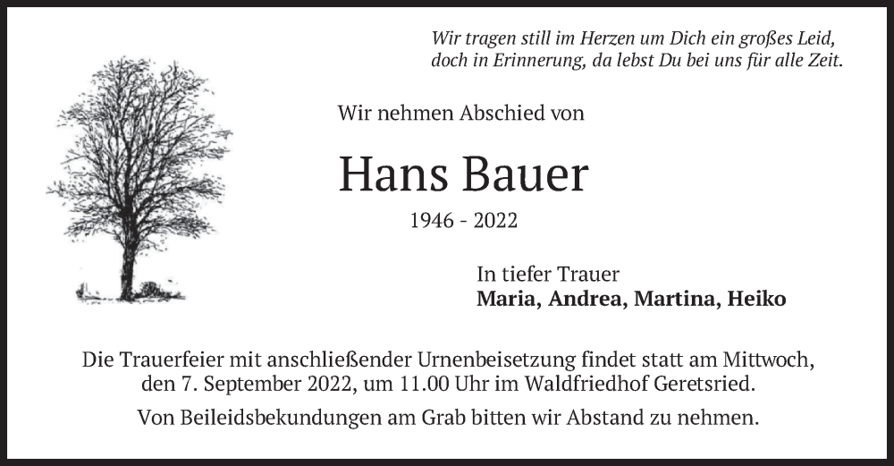  Traueranzeige für Hans Bauer vom 03.09.2022 aus merkurtz