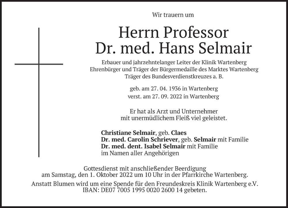  Traueranzeige für Hans Selmair vom 29.09.2022 aus merkurtz