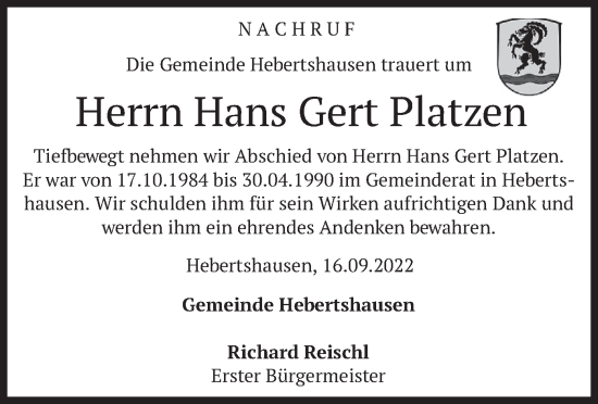 Traueranzeige von Hans Gert Platzen von merkurtz