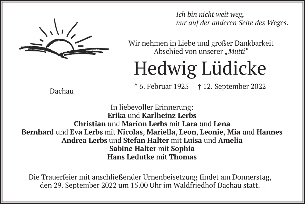  Traueranzeige für Hedwig Lüdicke vom 24.09.2022 aus merkurtz