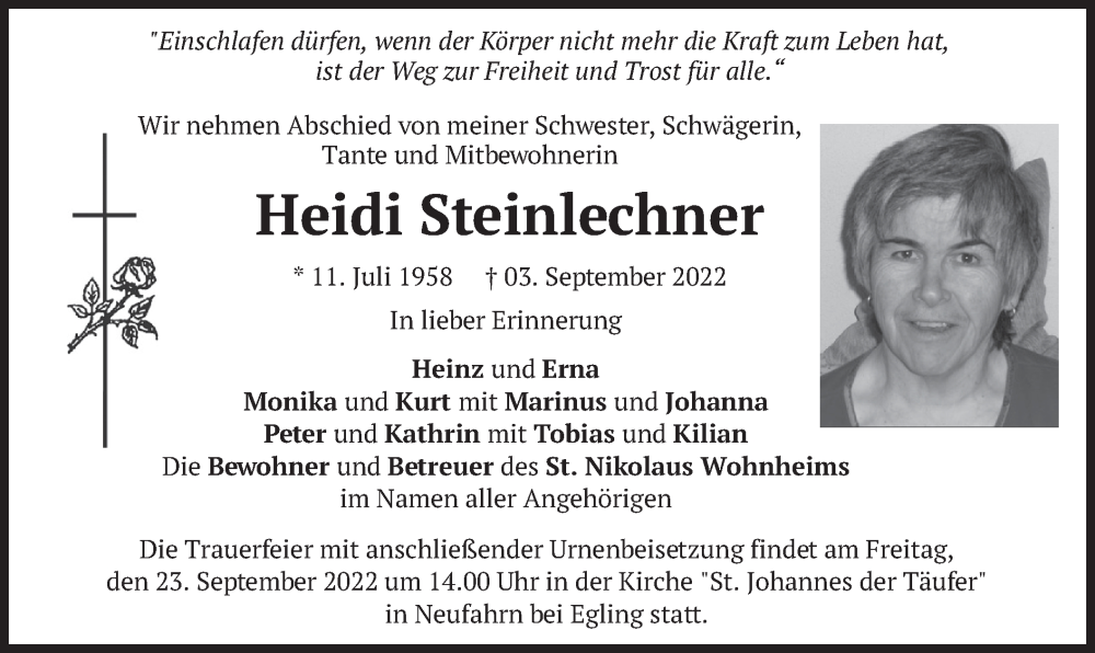  Traueranzeige für Heidi Steinlechner vom 21.09.2022 aus merkurtz