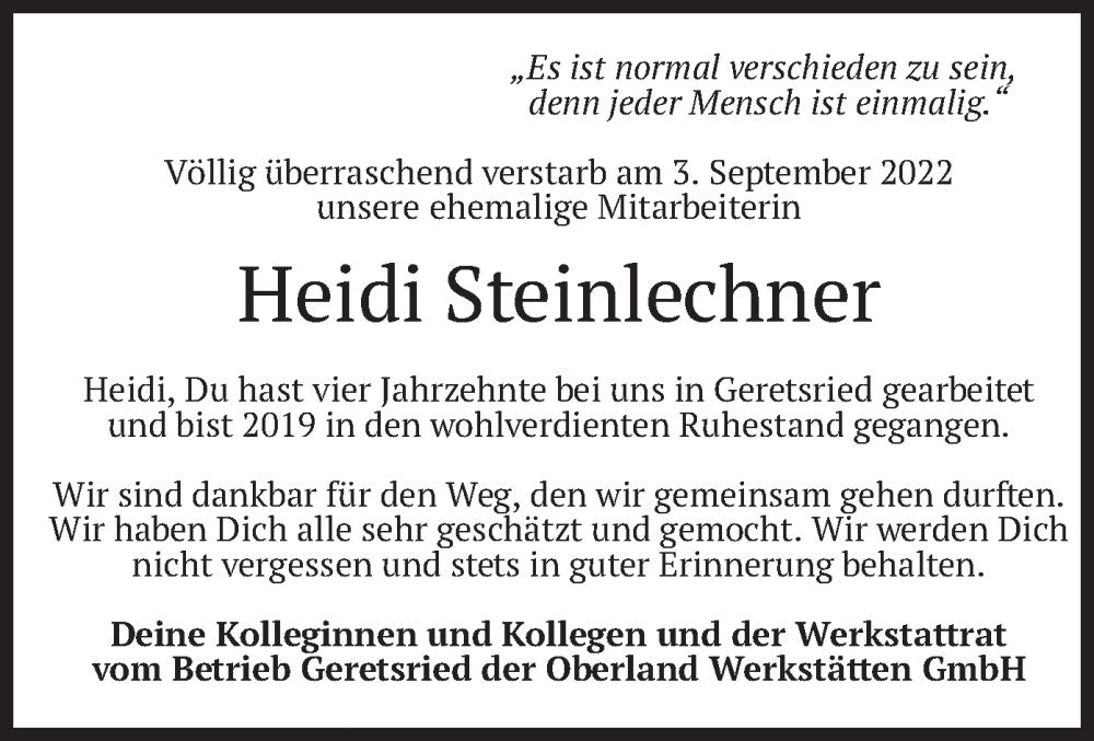  Traueranzeige für Heidi Steinlechner vom 08.09.2022 aus merkurtz