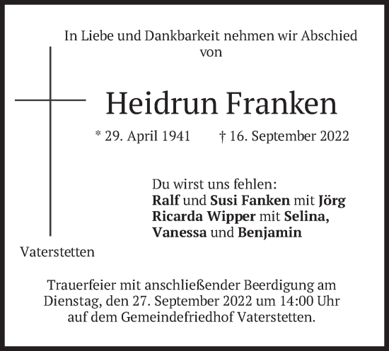 Traueranzeige von Heidrun Franken von merkurtz