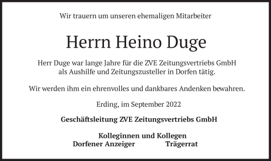 Traueranzeige von Heino Duge von merkurtz