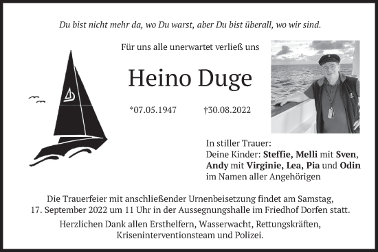 Traueranzeige von Heino Duge von merkurtz