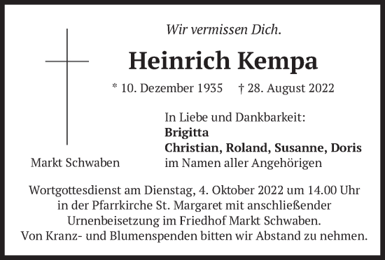 Traueranzeige von Heinrich Kempa von merkurtz