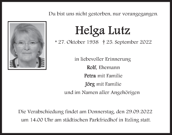 Traueranzeige von Helga Lutz von merkurtz