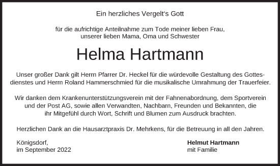 Traueranzeige von Helma Hartmann von merkurtz