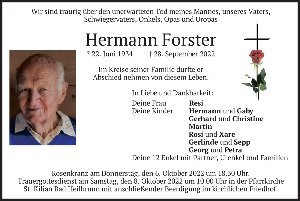  Traueranzeige für Hermann Forster vom 01.10.2022 aus merkurtz