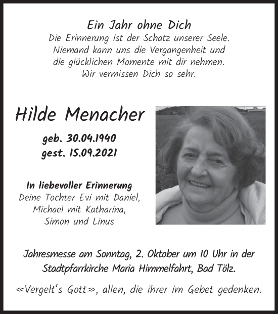 Traueranzeige von Hilde Menacher von merkurtz