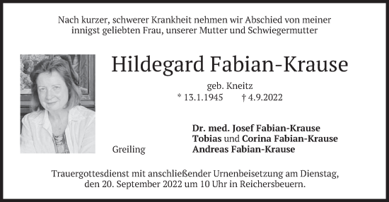 Traueranzeige von Hildegard Fabian-Krause von merkurtz
