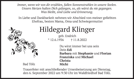 Traueranzeige von Hildegard Klinger von merkurtz