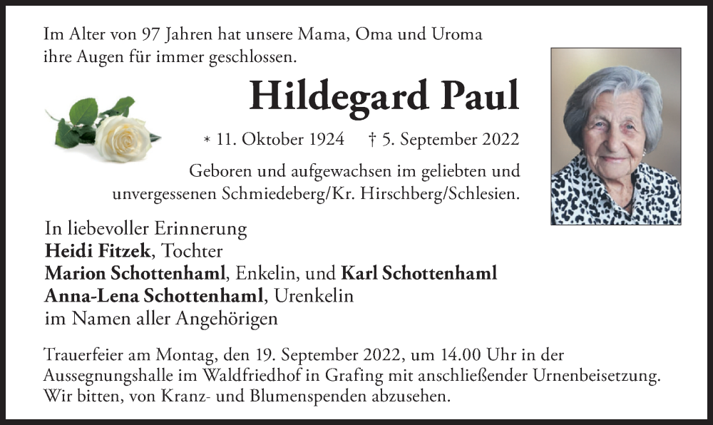  Traueranzeige für Hildegard Paul vom 17.09.2022 aus merkurtz