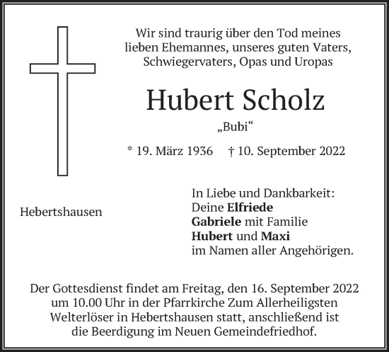 Traueranzeige von Hubert Scholz von merkurtz