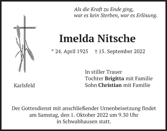 Traueranzeige von Imelda Nitsche von merkurtz