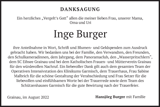 Traueranzeige von Inge Burger von merkurtz