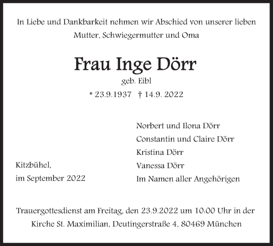 Traueranzeige von Inge Dörr von merkurtz