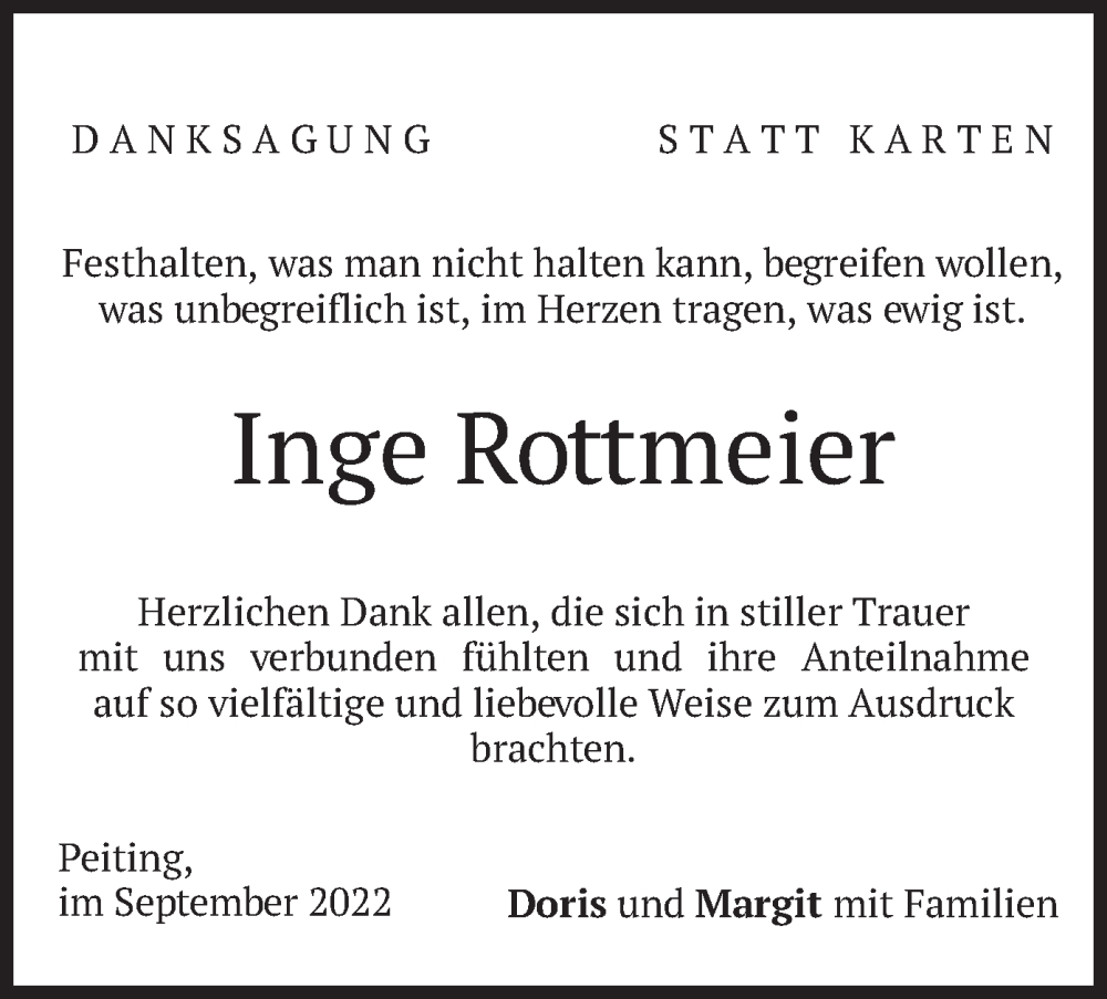  Traueranzeige für Inge Rottmeier vom 02.09.2022 aus merkurtz