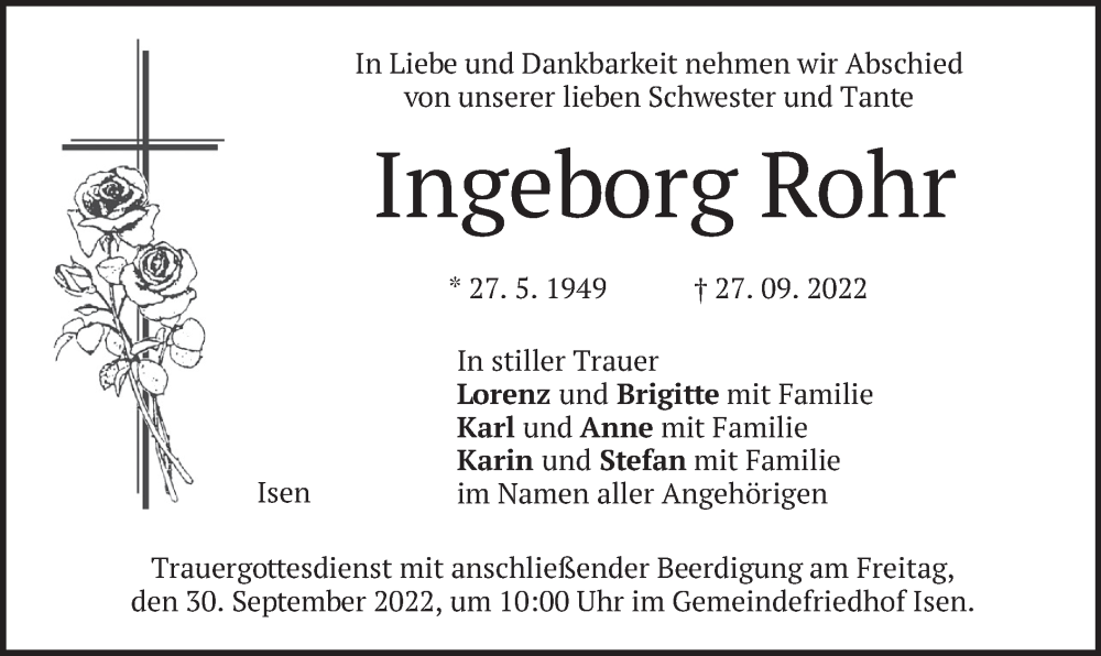  Traueranzeige für Ingeborg Rohr vom 29.09.2022 aus merkurtz
