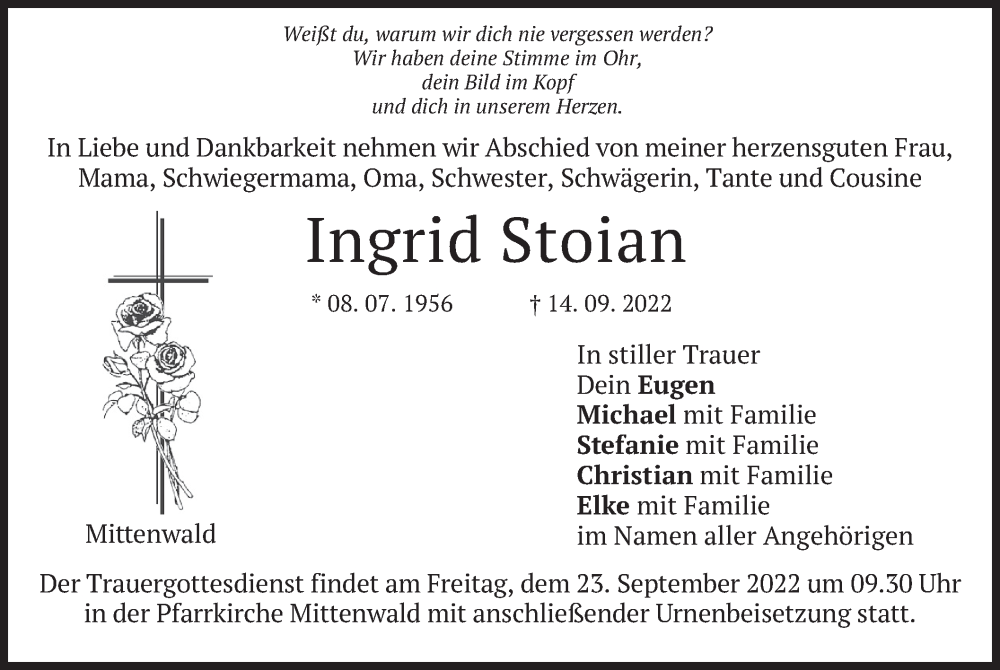  Traueranzeige für Ingrid Stoian vom 17.09.2022 aus merkurtz