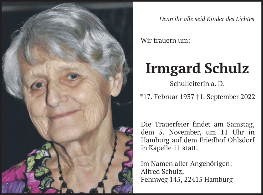  Traueranzeige für Irmgard Schulz vom 24.09.2022 aus merkurtz