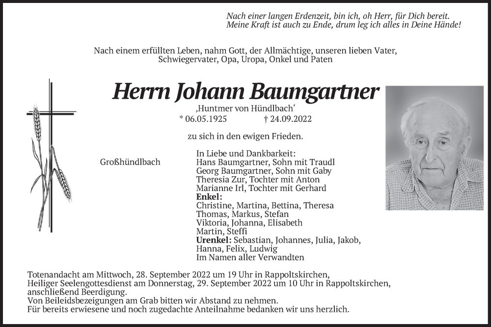  Traueranzeige für Johann Baumgartner vom 26.09.2022 aus merkurtz